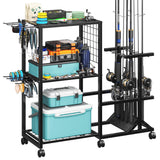 TC-HOMENY Fishing Rod Holders for Garage with Lockable Wheels, Heavy Duty Fishing Pole Rack Cart Holds Up to 10 Rods, Large Fishing Tackle Gear Organizer Storage rack for Room, Garage, Basement, Black TC-HOMENY