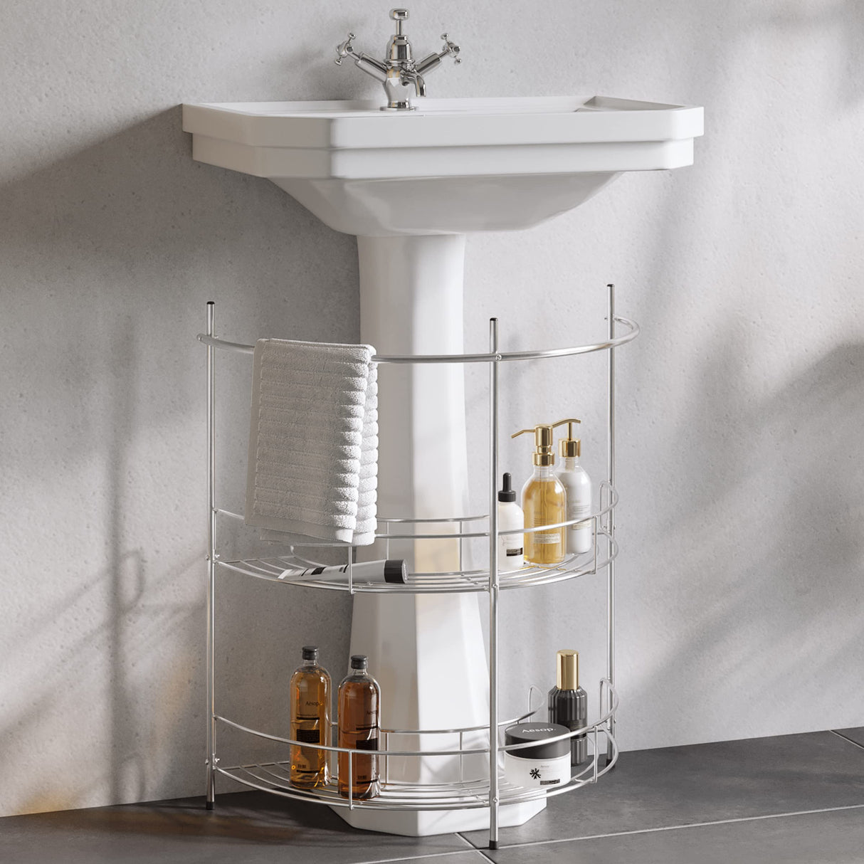 Pedestal Sink Organizer - Compact Under the Sink Rack with 2 Storage Shelves and Towel Holder - Space Saving Bathroom Storage by Lavish Home Lavish Home