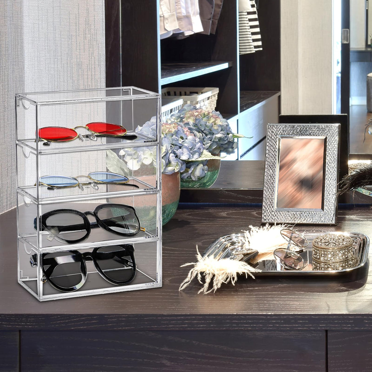 Nicunom 2 Pack Sunglasses Organizer Acrylic, Clear Eyeglasses Case with 4 Drawers, Eyewear Storage Display Case, Stackable Eyeglasses Holder for Women & Men Eyewear Nicunom