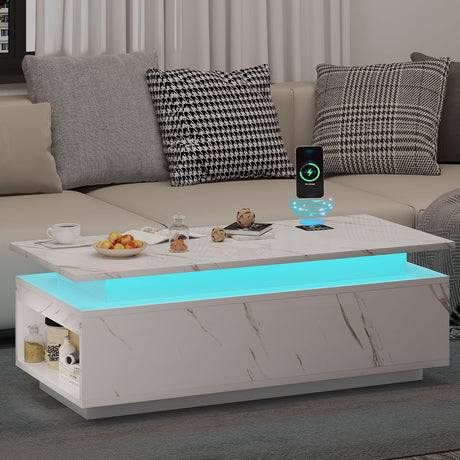 PPorfamilia LED Coffee Table with Storage, White Coffee Table with Wireless Charging and Bluetooth Speaker, High Glossy Modern Center Table with 24-Color LED Lights for Living Room Bedroom PPorfamilia