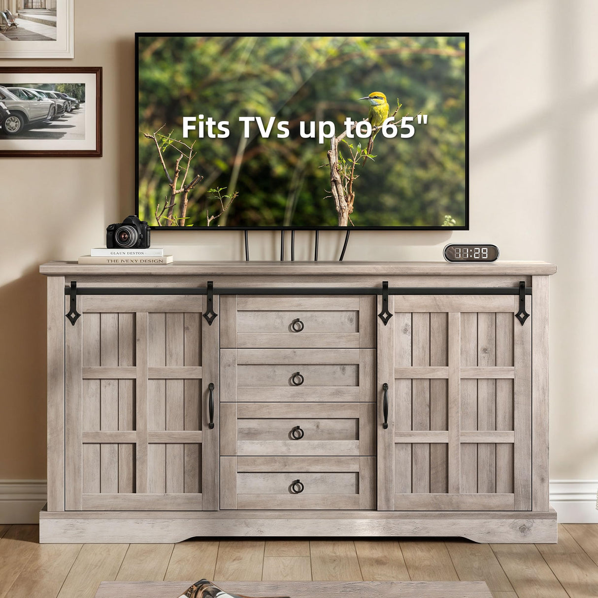 DWVO Farmhouse Sideboard Buffet Cabinet with Storage, Large Kitchen Cabinet w/Sliding Barn Doors and 4 Drawers, for Dining Room, Wash Grey DWVO