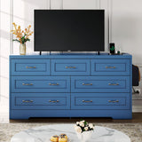 DWVO Farmhouse 7 Drawer Dresser for Bedroom, 59" Wide Large Modern Dresser TV Stand with Drawers & Bar Handles, Storage Dressers with Power Outlets, Rustic Wood Chest of Drawers, Blue Upgraged DWVO