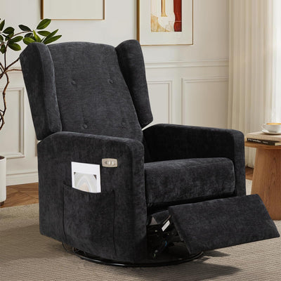LONWIK Power Swivel Recliner Chair for Adults, Electric Chenille Nursery Rocking Glider Chair with USB and Type-C Ports, Wide Rocker for Living Room, Bedroom, Black