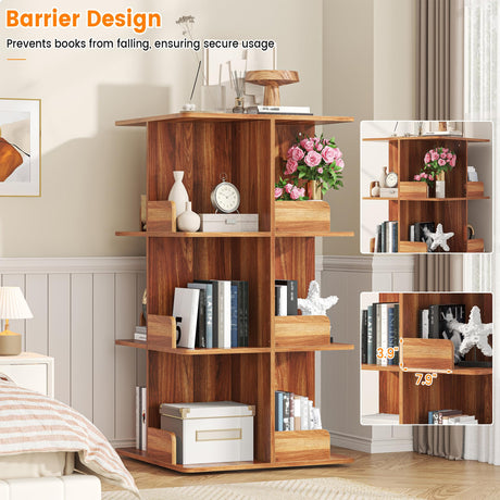 Semoic Rotating Bookshelf, 360° Display 4 Tier Square Revolving Bookcase, Spinning Book Shelf Tower, Freestanding Corner Bookshelf Storage Rack for Kids & Adults for Living Room Semoic