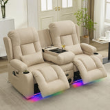 URRED Power Reclining Loveseat Sofa with Console, RV Couch Loveseat Recliner Sofa with Massage & Heat, LED Light, Cupholders, Bluetooth Speakers, USB Charge Ports, Outlets, Leathaire, Beige URRED