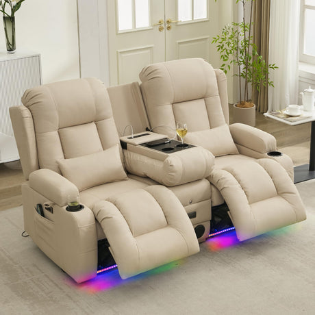 URRED Power Reclining Loveseat Sofa with Console, RV Couch Loveseat Recliner Sofa with Massage & Heat, LED Light, Cupholders, Bluetooth Speakers, USB Charge Ports, Outlets, Leathaire, Beige URRED