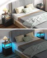 TUTOTAK LED End Table with Charging Station, Nightstand with Cloth Drawer, Side Table with 1 USB Port and 1 Type-C port, set of 2, Couch Table, Charcoal Grey TB01BY052L TUTOTAK