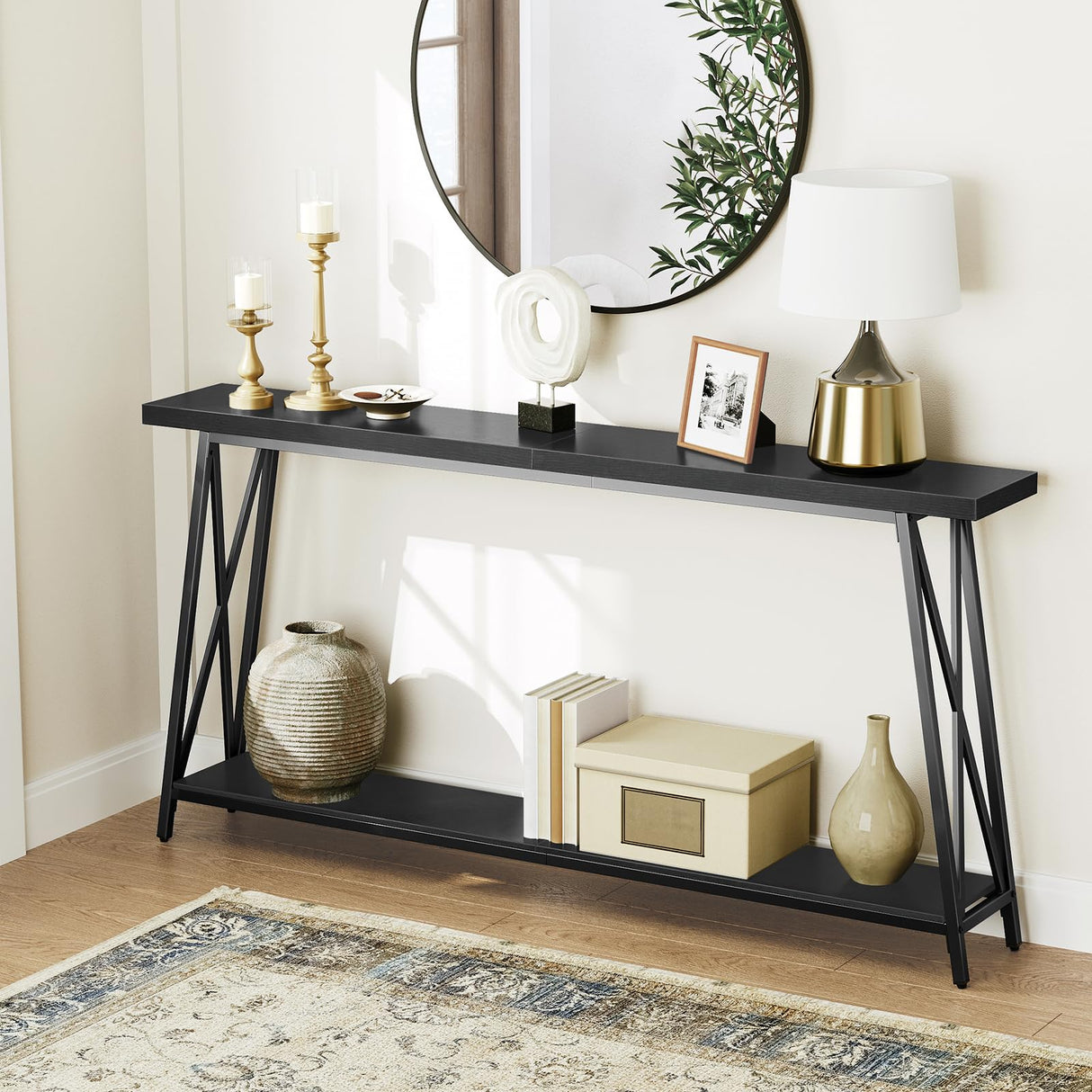 MAHANCRIS Console Table, 63" Industrial Entryway Table, Extra Long Sofa Table Behind Couch, X-Shaped Support, for Entryway, Hallway, Living Room, Black CTHB4801 MAHANCRIS