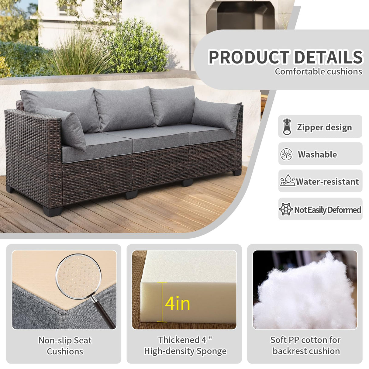 Valita Patio Rattan Furniture Set 4-Piece Outdoor PE Wicker Conversation Couch, Brown Sectional Sofa Couch with 50,000BTU Adjustable Fire Pit Table Non-Slip and Washable Gray Cushions Valita