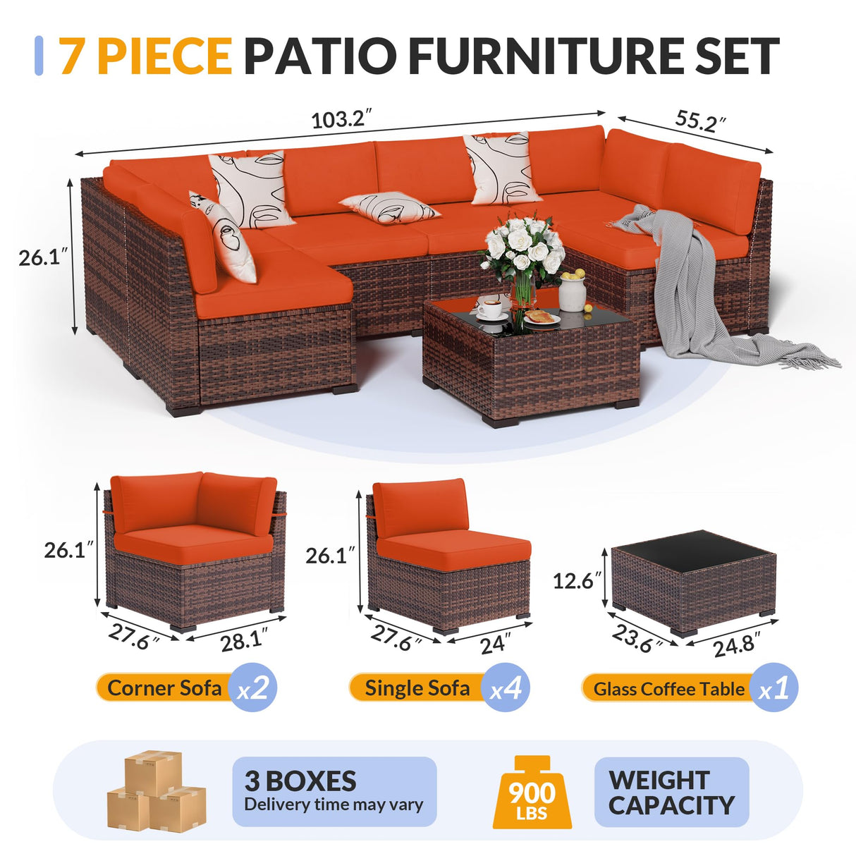 Poteban Patio Furniture Set, 7 Pieces Outdoor Modular Conversation Set Wicker Sectional Sofa for All Weather Rattan Patio Couch for Porch Garden Backyard Balcony Poolside (Orange) Poteban