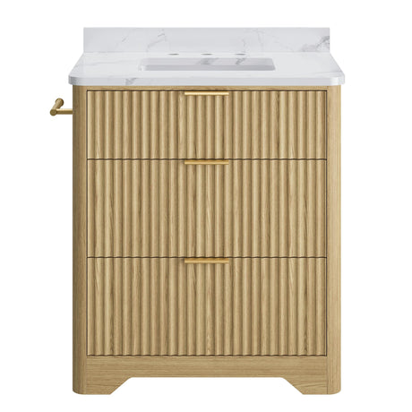 IRONCK 30" Bathroom Vanity with Ceramic Sink, Freestanding Bathroom Sink Cabinet with 2 Drawers & 1 Flip-Down Drawer, Wood Grain Texture, Farmhouse IRONCK