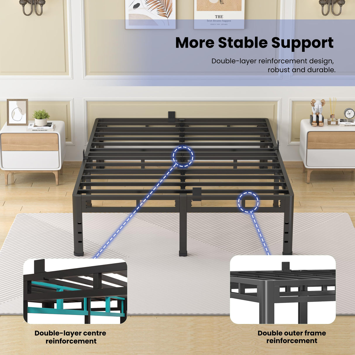 NKZ 18 Inch King Size Bed Frame, Metal Bed Frame & Box Spring 2 in 1 Platform with Round Corner Legs, 4000Lbs Heavy Duty Metal Frame, Mattress Slide Stopper, Headboard Hole, Noise-Free, Easy Assembly NKZ