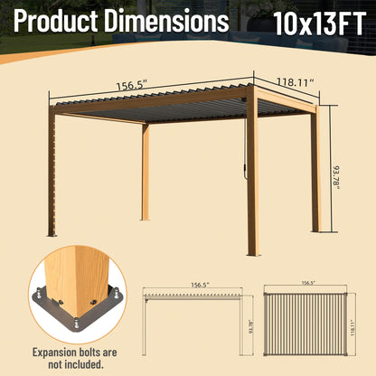 Domi Louvered Pergola 10X13FT, Wood Grain Aluminum Pergola with Adjustable Roof, Wood Looking Alunimun Frame, Efficient Drainage System, Outdoor Pergola for Patio, Deck, Garden