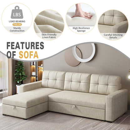 YOPTO Sectional Sleeper Sofa with Storage Chaise,Convertible L Shaped Pull Out Couch Bed with 3 Removable Back Cushion for Living Room, Apartment,Office,Beige,81.5"