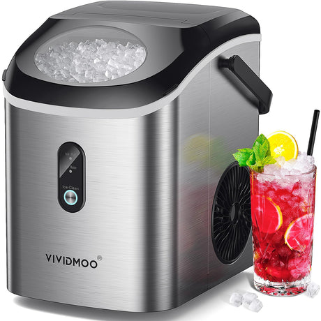 VIVIDMOO Nugget Ice Maker Countertop, 34lbs/24H Pebble Ice Machine, Self-Cleaning Sonic Ice Maker with Basket & Scoop, Compact Pellet Ice Maker for Home/Office/Kitchen/RV/Party, Stainless Steel Vividmoo