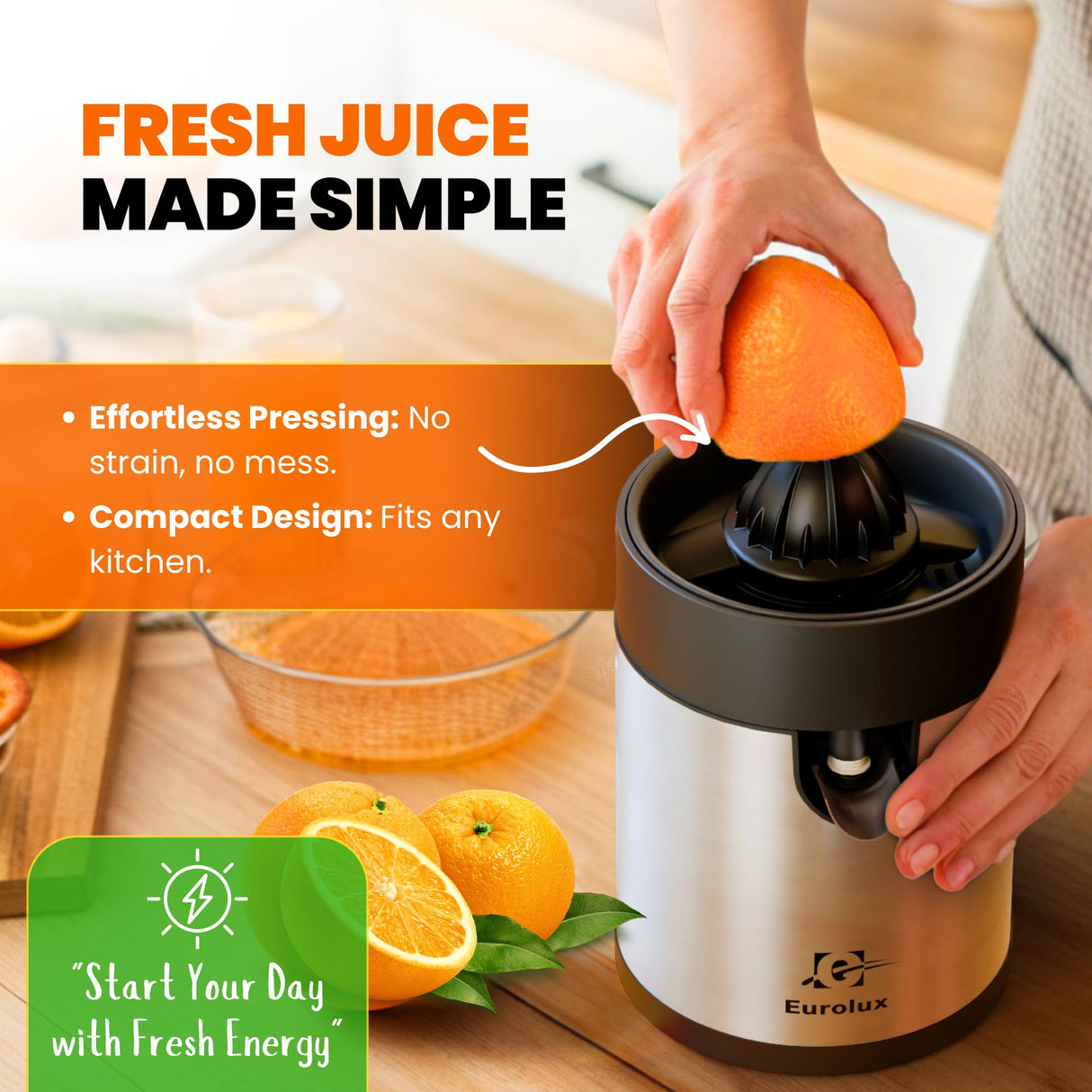 Eurolux Electric Orange Juicer, Sleek Effortless Citrus Juice Squeezer for Lemon, Lime, Grapefruit | Powerful Motor, Easy to Clean, Removable Dishwasher-Safe Parts Eurolux