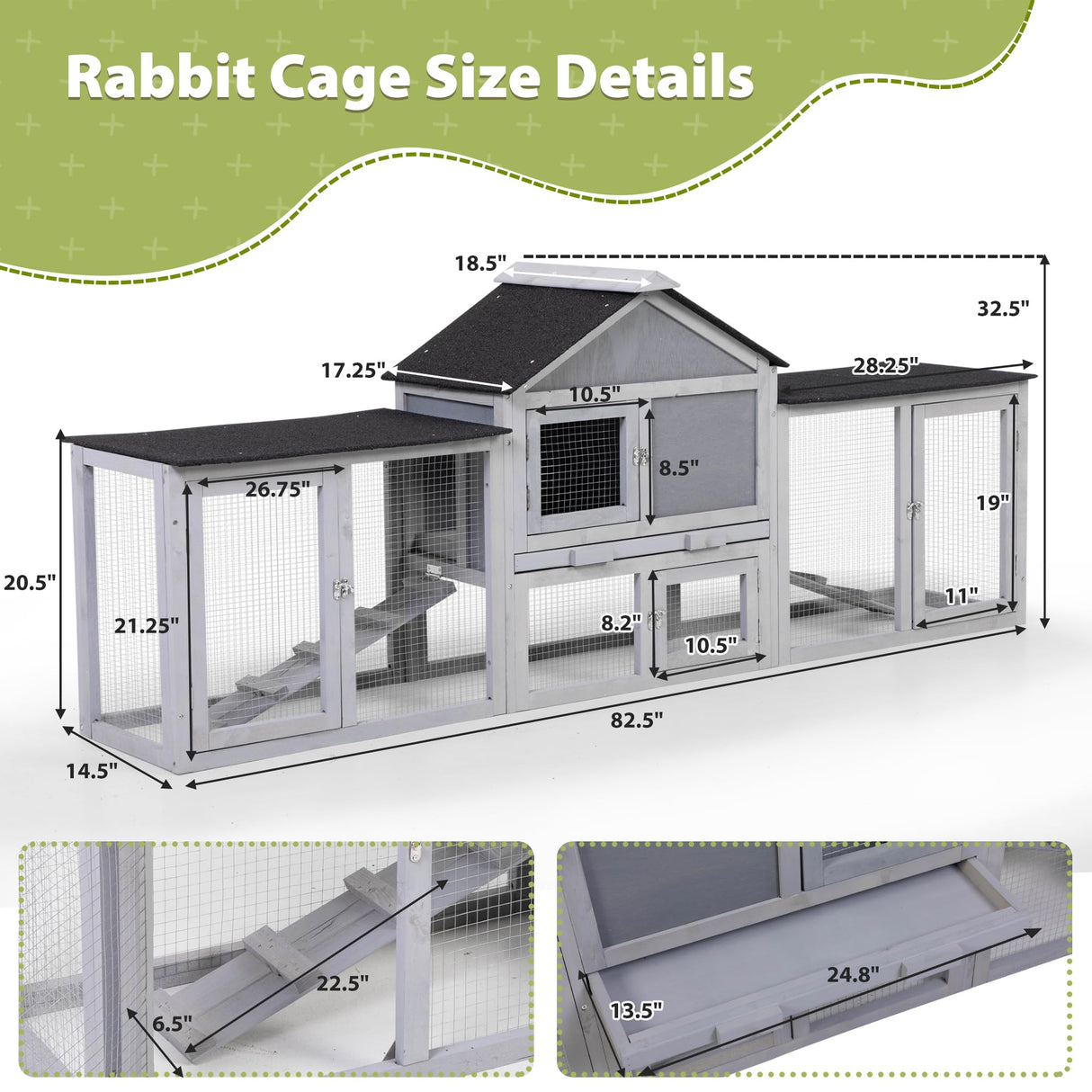 COZIWOW 2 Story 83”Wood Assembled Rabbit Hutch Indoor&Outdoor Bunny Cage with Double Runs and Weatherproof Roof, Guinea Pig Pet House for Small Animals（Gray） COZIWOW