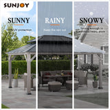 Sunjoy 12 x 16 ft. Wood Gazebo, Outdoor Patio Hardtop Gazebo, Standard Cedar Framed Wooden Gazebo with 2-Tier Metal Roof, Suitable for Patios, Lawn and Backyard, Matte Black Roof + Gray Wood Frame Sunjoy