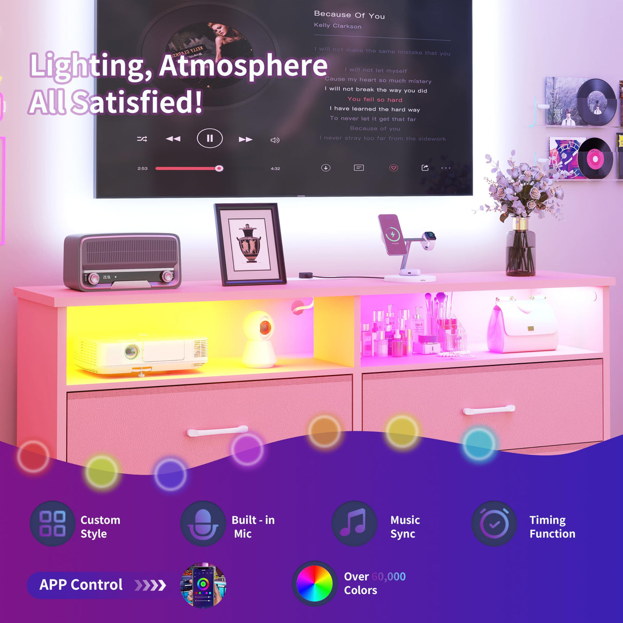 Dresser for bedroom, Pink Bedroom Dresser with LED Lights and Charging Station, 6 Long Drawers Dressers, Tall Wide Fabric Chest of Drawers Storage Organizer TV Stand for up to 60" TV for Living Room SOOWERY