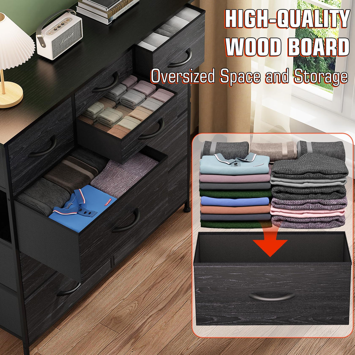 YaFiti Dresser for Bedroom with 10 Drawers, Chest of Drawers with Side Pockets, Hooks, Wooden Top and Sturdy Metal Frame, Fabric Dresser Drawers for Living Room, Hallway (Black Wood Veins) YaFiti