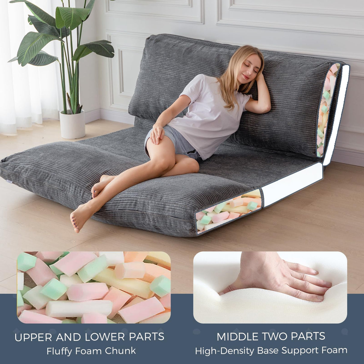 MAXYOYO Bean Bag Bed Folding Sofa Bed Floor Mattress for Adults, Extra Thick and Long Floor Sofa with Corded Washable Cover, Dark Grey, 54x95 Inch MAXYOYO