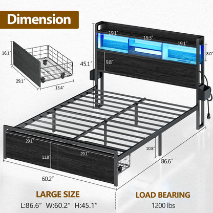 Furnulem Queen Bed Frame with Wood Headboard, Storage Drawers, LED Lights and Charging Station - Black - WoodArtSupply