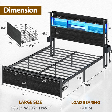 Furnulem Queen Bed Frame with Wood Headboard, Storage Drawers, LED Lights and Charging Station - Black Furnulem