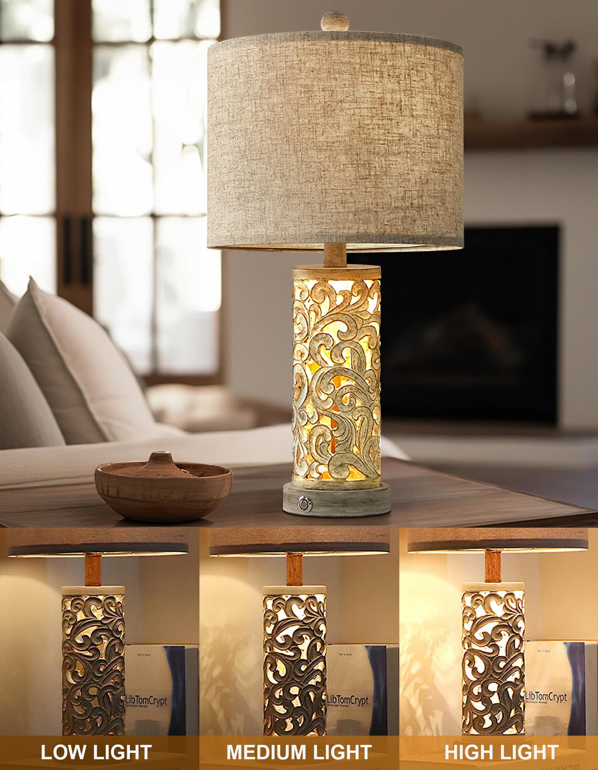 OYEARS 3-Way Dimmable 22'' USB A+C Touch Control Table Lamp Set of 2 with Nightlight for Living Room Bedroom Farmhouse Bedside Nightstand Lamps (Bulb Included) OYEARS