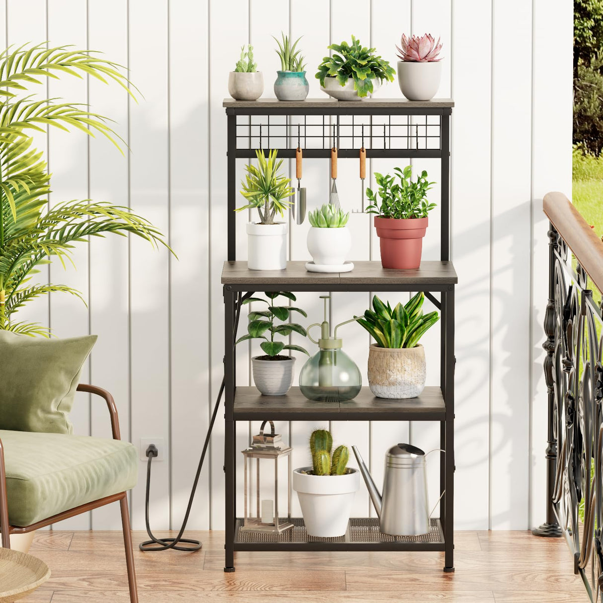 Furologee Bakers Rack with Power Outlet and LED Light, Small Coffee Bar Station with 4 Tier Shelves, Microwave Stand Table with 6 S Hooks, Kitchen Storage Rack for Spices, Pots, Black Oak Furologee