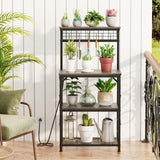 Furologee Bakers Rack with Power Outlet and LED Light, Small Coffee Bar Station with 4 Tier Shelves, Microwave Stand Table with 6 S Hooks, Kitchen Storage Rack for Spices, Pots, Black Oak Furologee