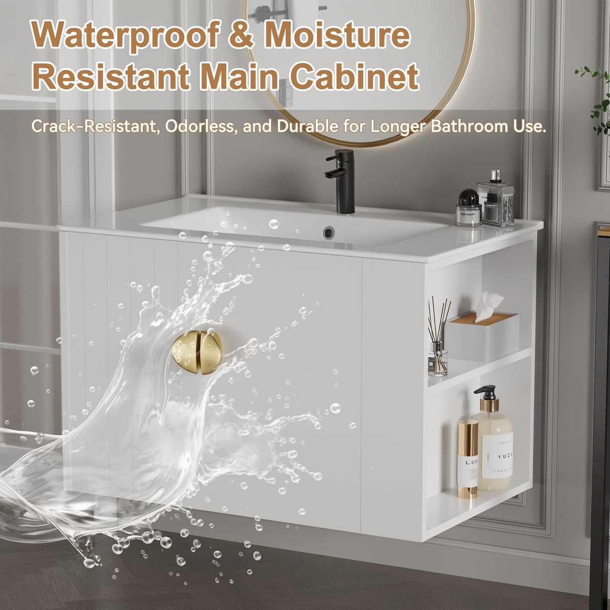 Findepot 30 Inch Floating Vanity Bathroom with Sink, White Bathroom Vanity Cabinet Combo with Ceramics Sink Top, Soft Close Cabinet Door & Open Storage Left Shelf, Modern Wall Mounted Vanity Findepot