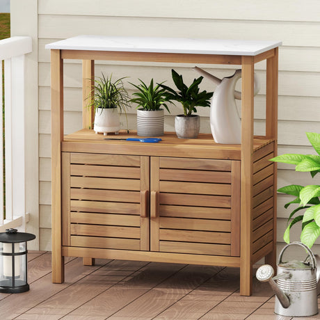 Giantex Outdoor Potting Bench, Acacia Wood Planting Workstation with 2-Door Storage Cabinet, Faux Marble Tabletop, Open Storage Shelves, Garden Potting Table for Horticulture Giantex