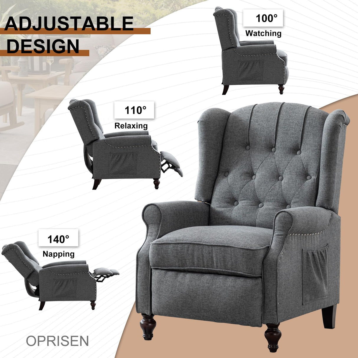 Oprisen Push Back Recliner Mid-Century Modern Accent Chair Single Reading Chair Tufted Button Arm Chair for Living Room w/Heat Massage/Side Pockets (1 PC, Gray) Oprisen