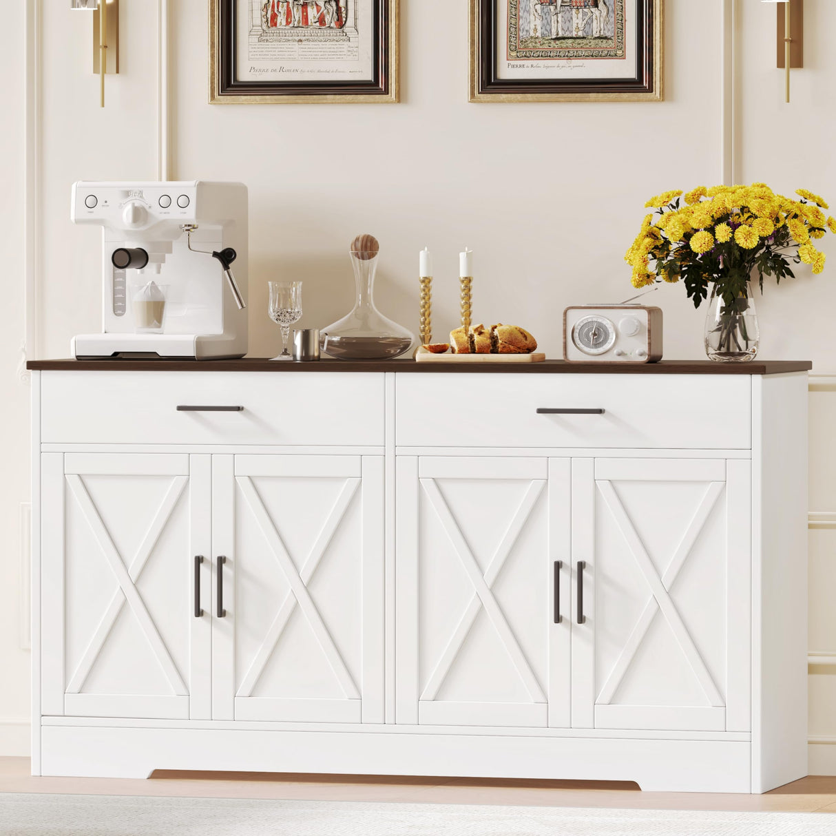 Rovaurx Farmhouse Sideboard Buffet Cabinet with Storage, Kitchen Storage Cabinet with 2 Drawers & 4 Barn Doors, Wooden Coffee Bar Cabinet Console Table for Kitchen, Dining Room, White KBG003W Rovaurx
