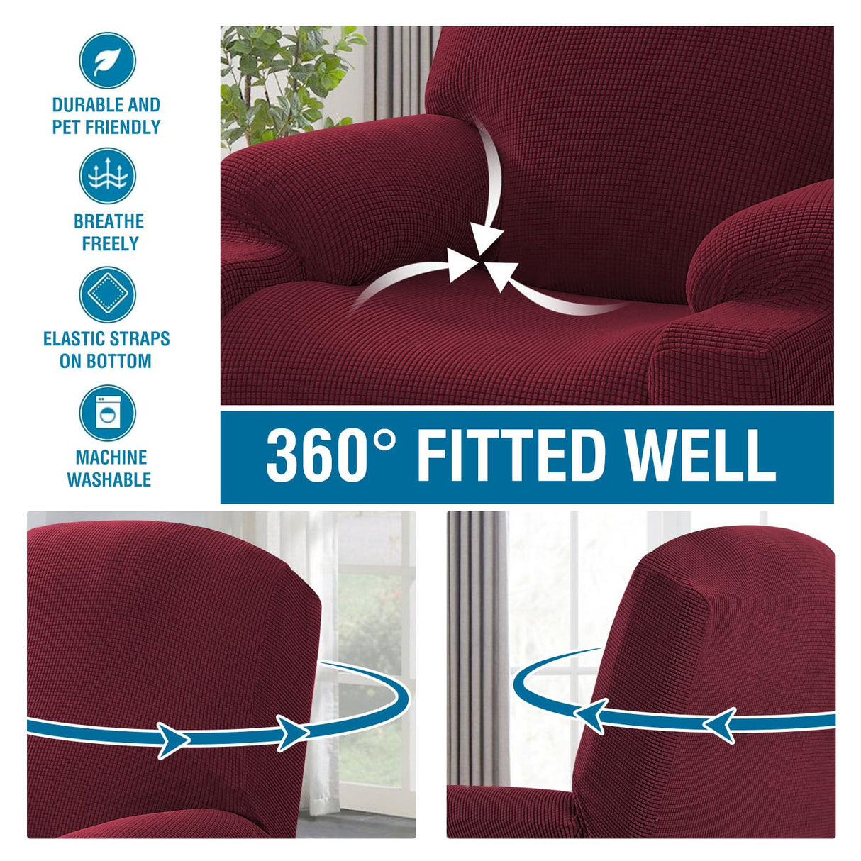 H.VERSAILTEX Stretch Couch Cover Recliner Cover Electric Power Lift Recliner Chair Cover Fitted Standard Large Power Lift Recliner with Side Pocket, Soft Thick Jacquard(Single Seat, Burgundy) H.VERSAILTEX