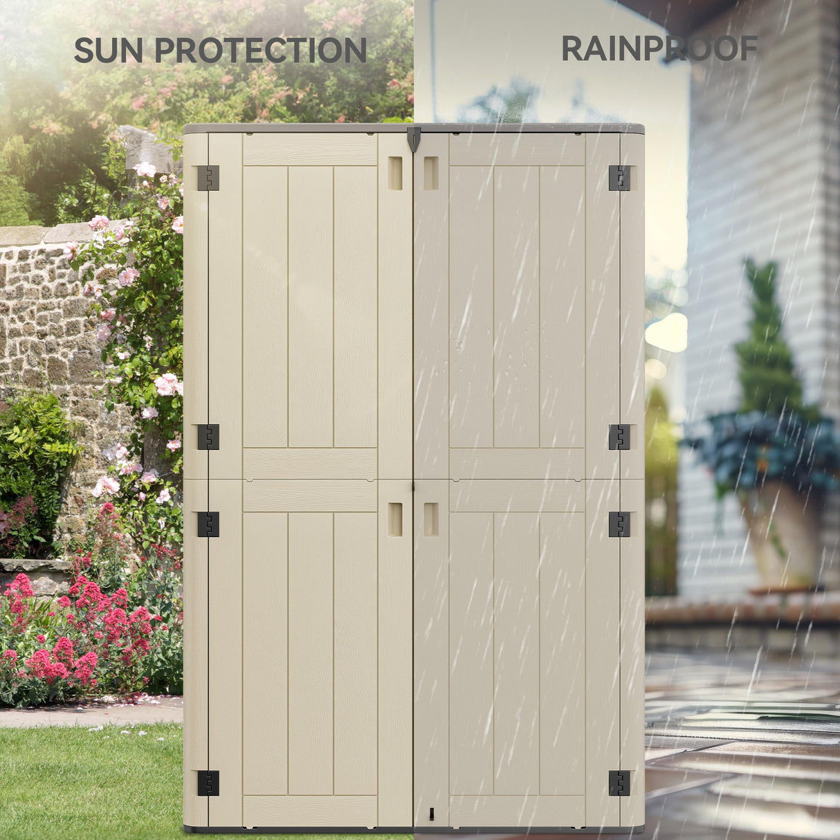 YITAHOME 60 cuft Vertical Outdoor Storage Shed w/o Shelf, Large Waterproof Storage Cabinet for Garden Shed, Tall Outdoor Storage Shed for Garage, Pool Storage, Resin, Lockable, Khaki & Brown YITAHOME