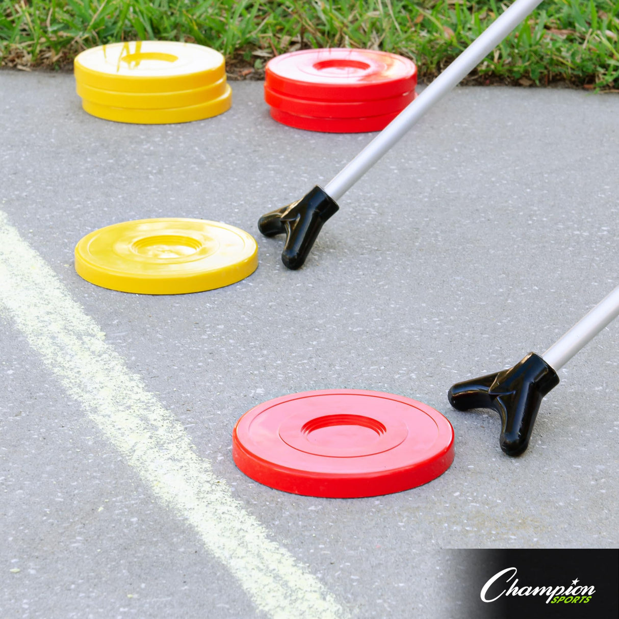 Champion Sports Shuffleboard Game Set, 2 Cues, 8 Pucks, Chalk - Outdoor Games for Adults and Family Red Champion Sports
