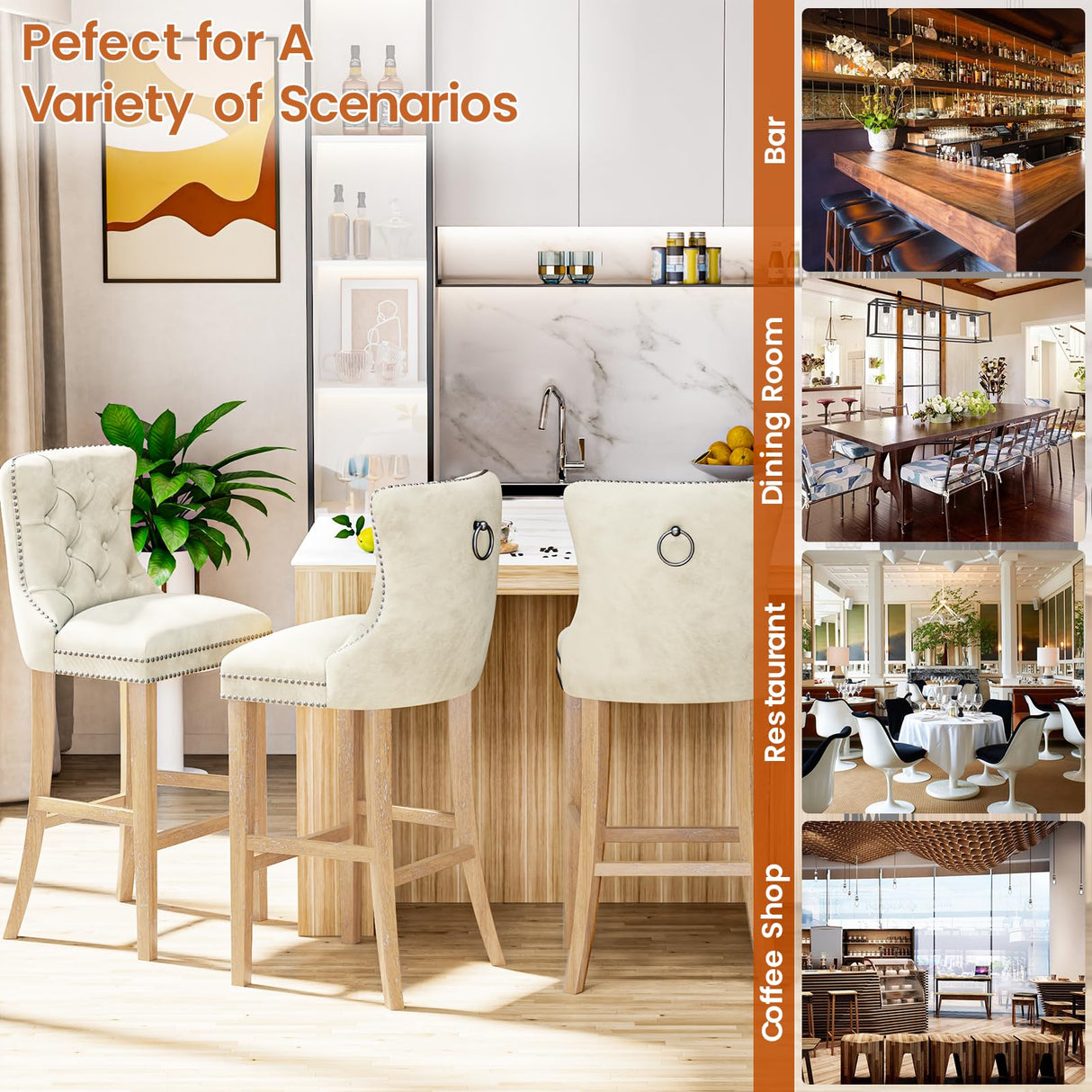 DKLGG 27''H Counter Height Bar Stools Set of 2, Velvet Tufted High Bar Stools with Back and Footrest, Upholstered Bar Tall Chairs for Kitchen Island, Dining Room, Pub(Beige) DKLGG