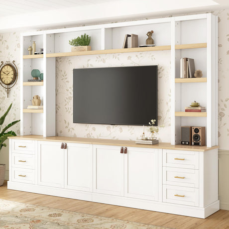 VilroCaz Modern 4-Piece Large TV Stand with Bookshelves for TVs Up to 75", TV Entertainment Center Wall Unit Media Center with Adjustable Shelves and 6 Drawers, TV Hutch for Living Room (White-8.17) VilroCaz
