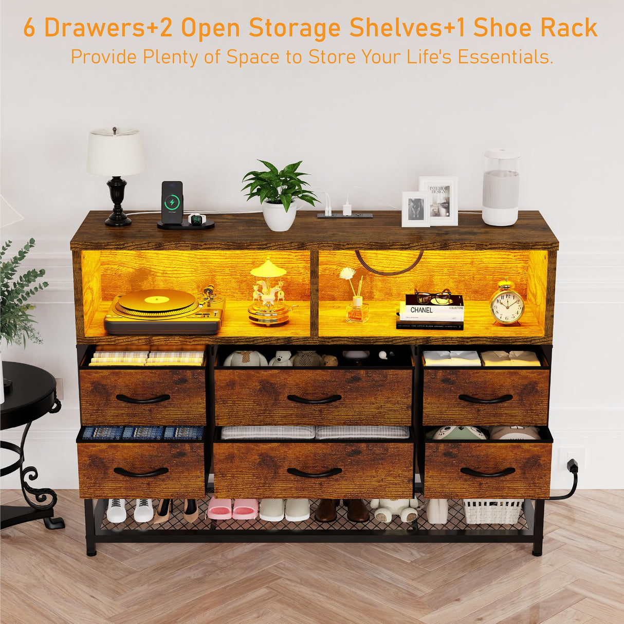 eiskah Dresser for Bedroom, 6 Drawers Led Dresser TV Stand with Power Outlets and LED Lights, Long Fabric Dressers Wide Chest of Drawers with Large Organizer Shoe Rack for Living Room, Entryway eiskah