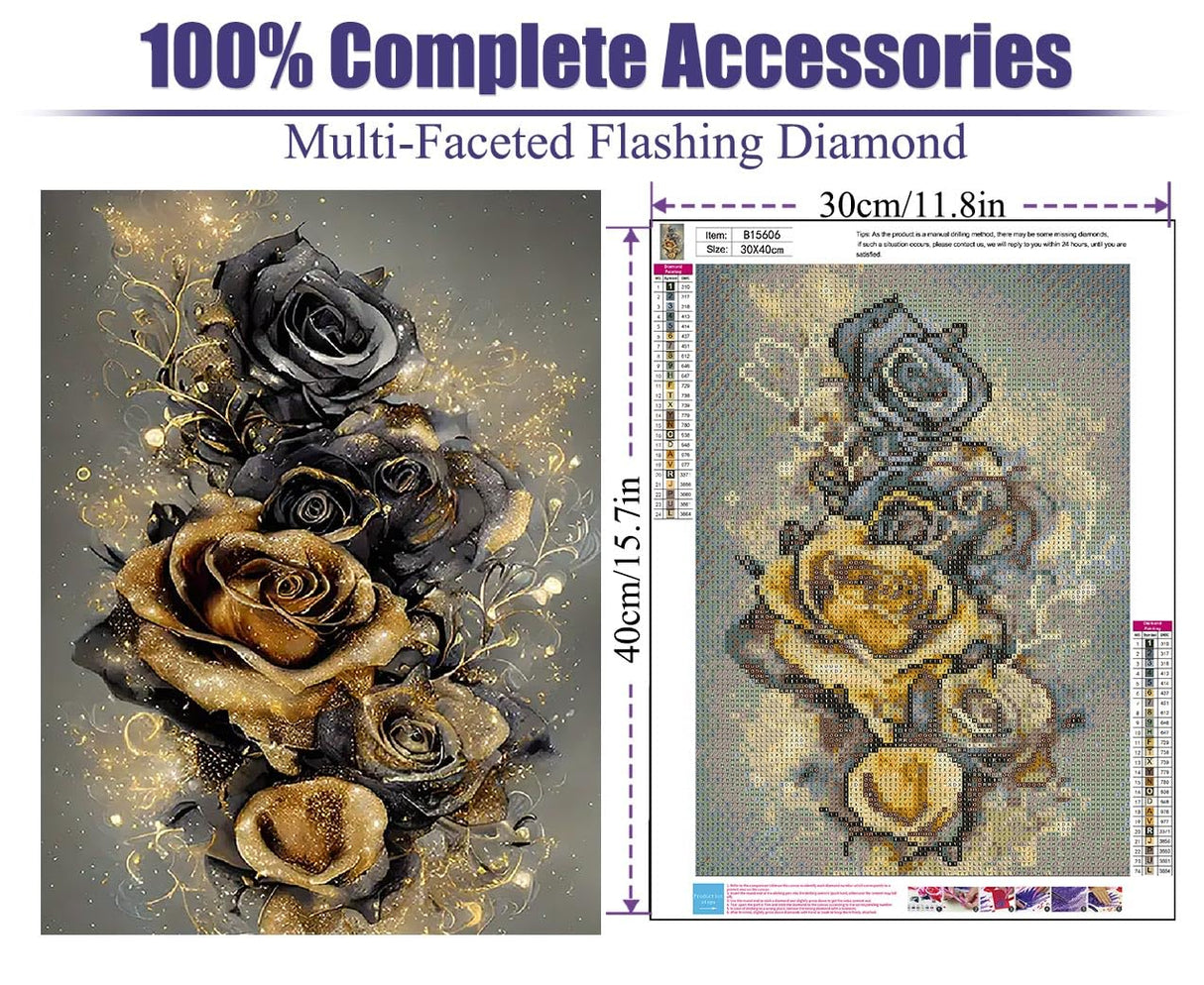 BOHADIY Rose Diamond Painting Kits for Adults, Golden Rose Diamond Art Kits for Adults,Rose Gem Art Kits for Adults for Home Wall Decor 16x12inch Floral BOHADIY