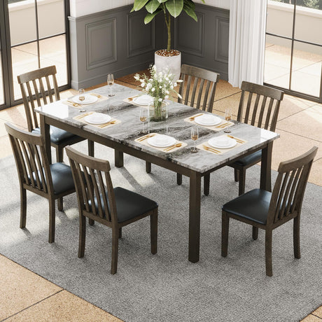 AMERLIFE 7-Piece Dining Table Set, 71" Faux Marble Modern Table with 6 PU Leather Upholstered Chairs, Heavy-Duty Solid Wood Set for Kitchen & Dining Room, Dark Brown AMERLIFE
