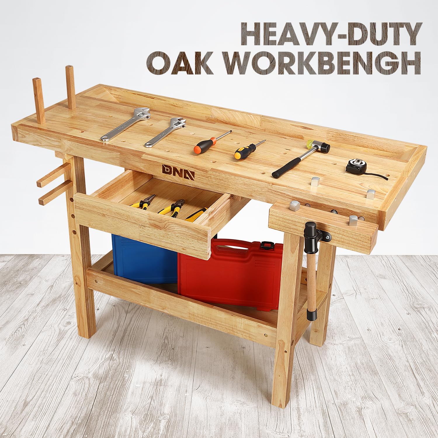 DNA MOTORING Heavy Duty Wood Workbench, Wooden Workbench with Drawer for Workshop, Garage, W/Adjustable Handle, TOOLS-00520 - WoodArtSupply