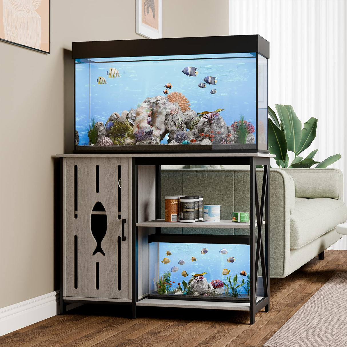 PAPIHO 40-50 Gallon Aquarium Stand,Fish Tank Stand with Cabinet Storage,Power Outlets & LED Light,Heavy Duty Metal Frame Aquarium Stand for Turtle Tank,Reptile Terrarium,800LBS Capacity,Grey PAPIHO