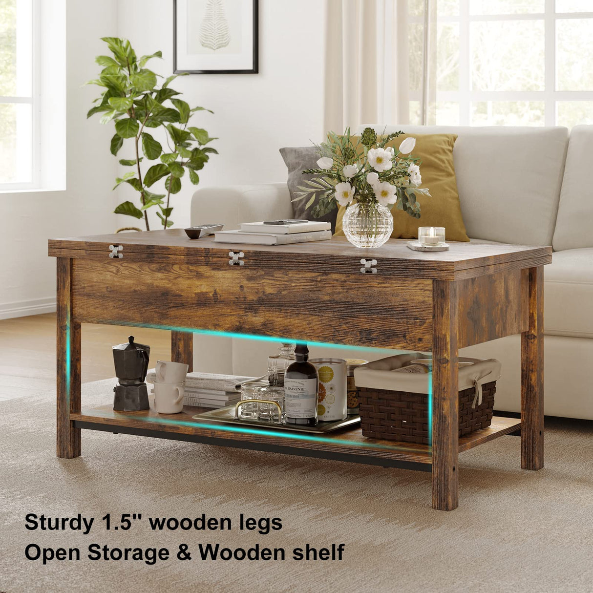 FABATO Lift Top Coffee Table, 4-in-1 Multi-Function Convertible Coffee Table with Storage, Coffee Table Converts to Dining Table for Living Room Reception Room Office, Rustic Brown, 41.73*19.29*18.3 FABATO