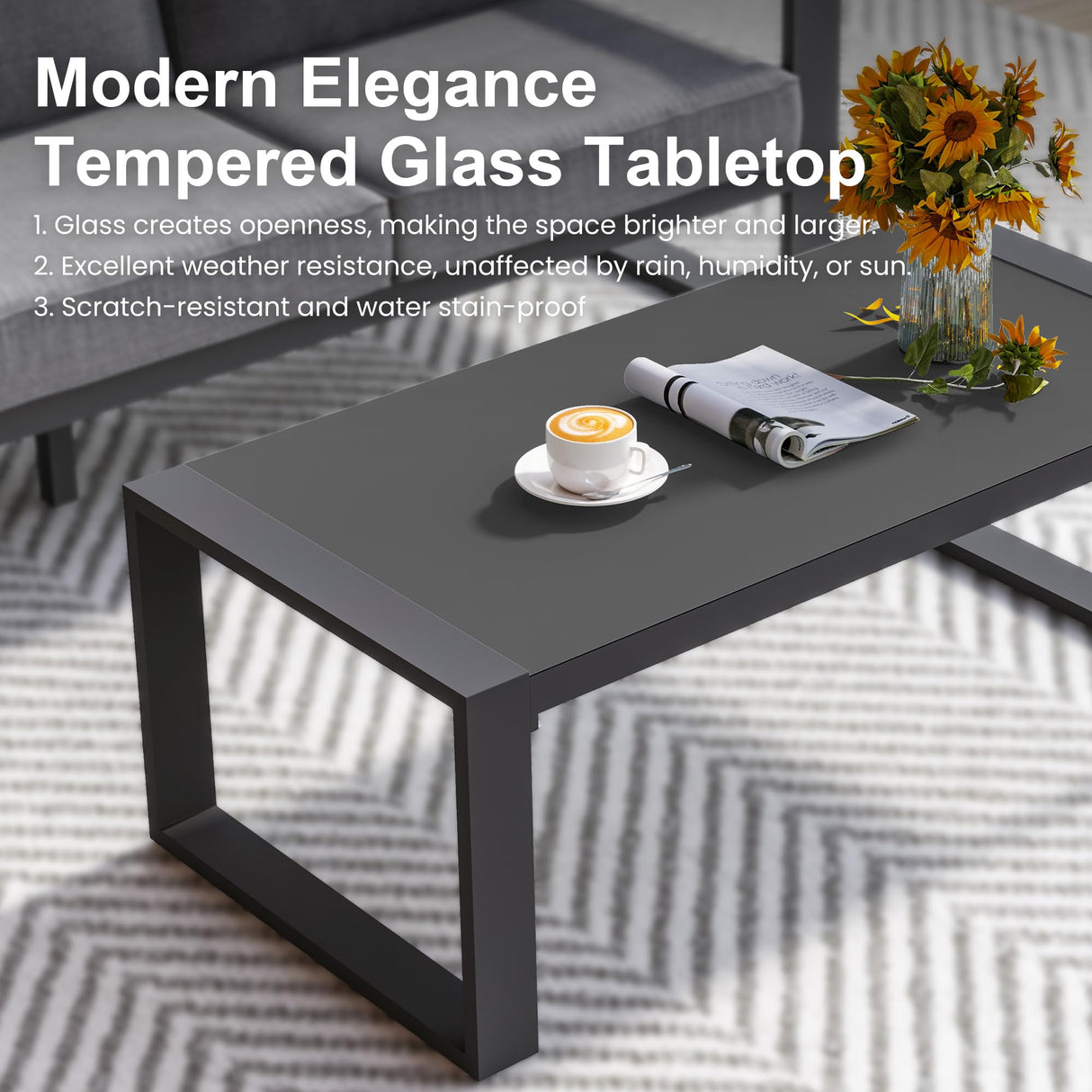 FansaFurn Aluminum Patio Outdoor Coffee Table with Tempered Glass Desktop, U-Frame Modern Patio Coffee Table with Adjustable Feet for Outdoor, Grey FansaFurn