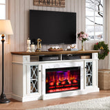 AMERLIFE 70" Farmhouse Heavy Fireplace TV Stand with 33" Electric Fireplace, for 80" TVs up, Media Entertainment Center with Diamond Door, TV Console Storage Cabinet for Living Room, White & Barnwood AMERLIFE