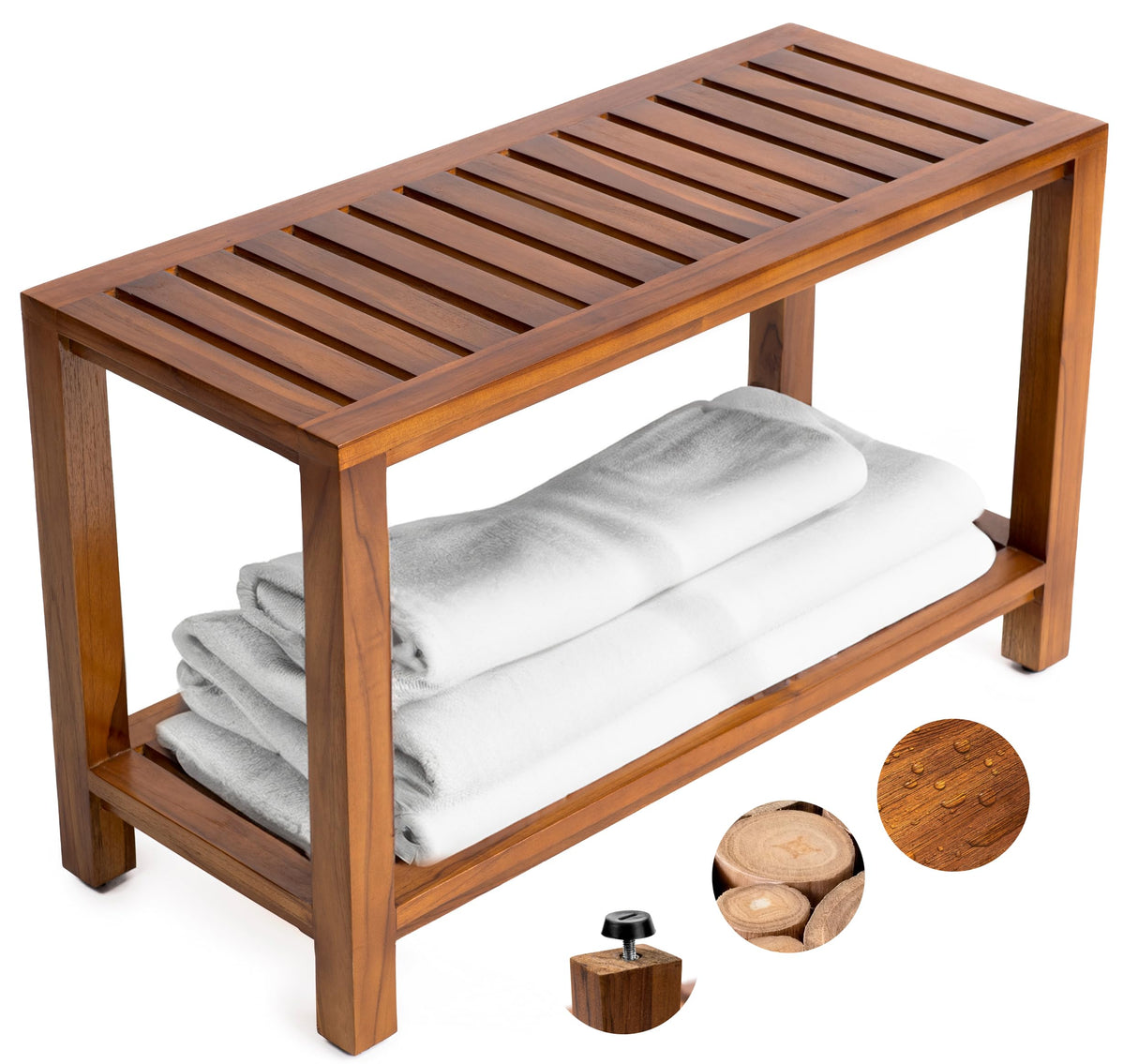 Teak Shower Bench - Fully Assembled 30 Inch Shower Bench with Shelf | Water Resistant Shower Benches for Inside Shower to Sit On | Wooden Shower Bench for Spa, Garden | Adjustable Non-Slip Feet The Teaky Hut