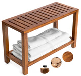 Teak Shower Bench - Fully Assembled 30 Inch Shower Bench with Shelf | Water Resistant Shower Benches for Inside Shower to Sit On | Wooden Shower Bench for Spa, Garden | Adjustable Non-Slip Feet The Teaky Hut