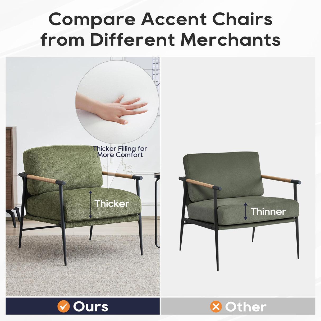 Accent Chair Mid Century Modern Armchair for Living Room,Bedroom,Office,Lounge Comfy Chenille Upholstered Soft Removable Washable Cushions and Pillows,Metal Wood-Grain Armrest Legs,Green Comfort Stretch